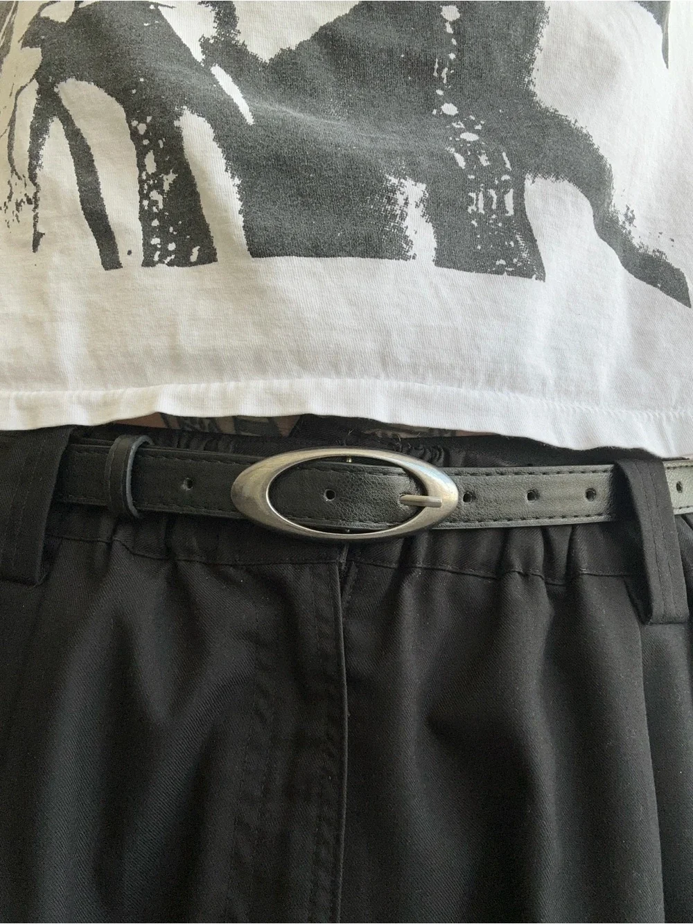 Classic Black Leather Belt with Oval Silver Buckle